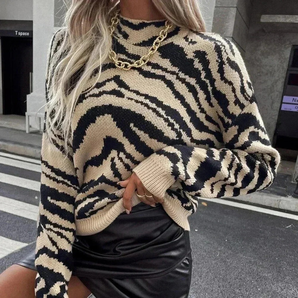 Sweaters - Multicolor Casual Women's Zebra Stripe Drop Shoulder Sweater